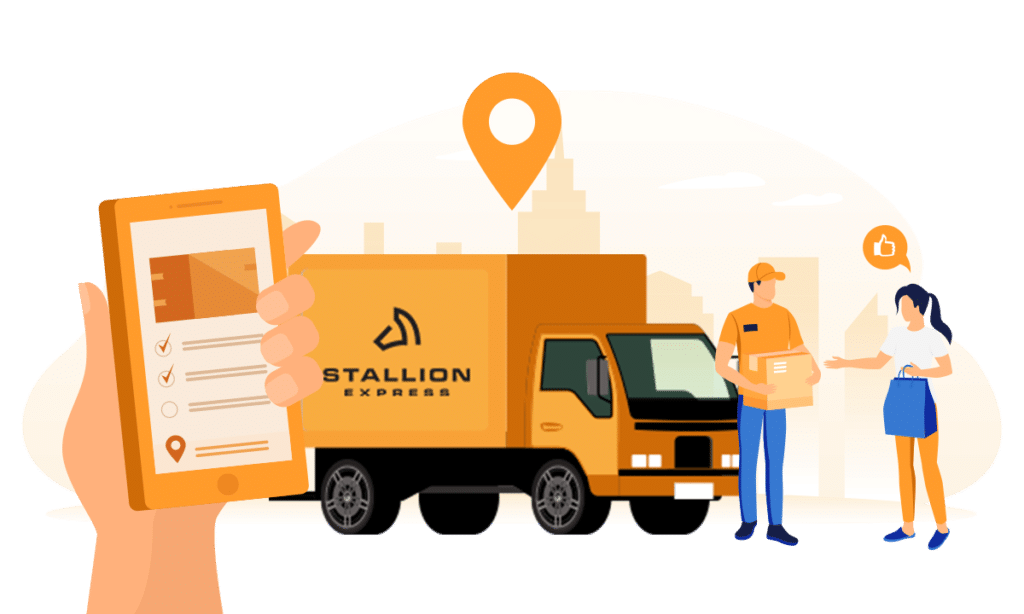 Stallion Express giving package to customer