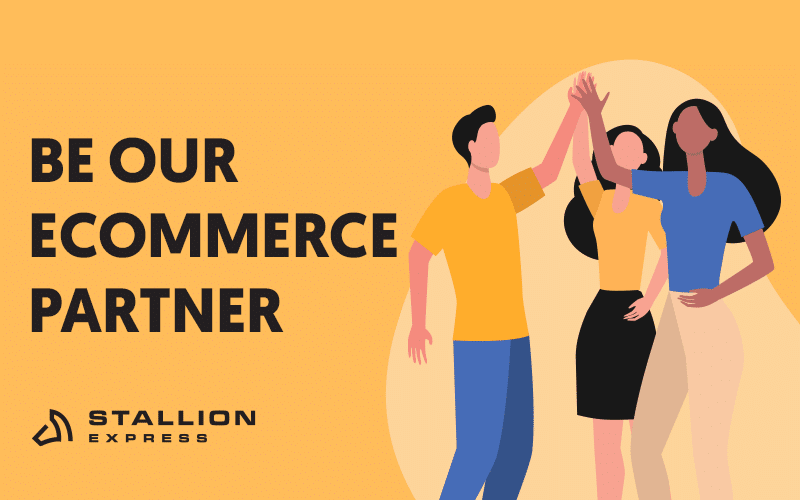Three people high-fiving each other with the Stallion Express logo at the lower left bottom and text “Be Our eCommerce Partner”