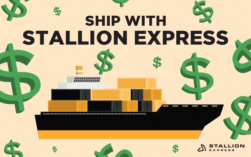 Un navire de transport entouré de signes de dollars avec un texte au-dessus "Ship with Stallion Express".