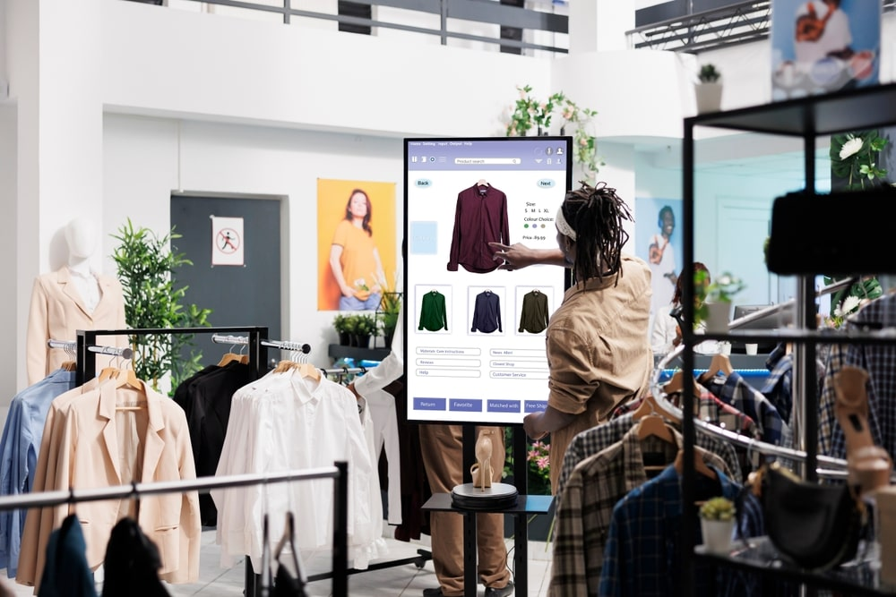 Person browsing clothes on a screen.