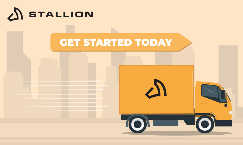un camion Stallion orange avec un logo noir et blanc et un panneau indiquant &quot;Get Started Today&quot; (Commencez dès aujourd&#039;hui)