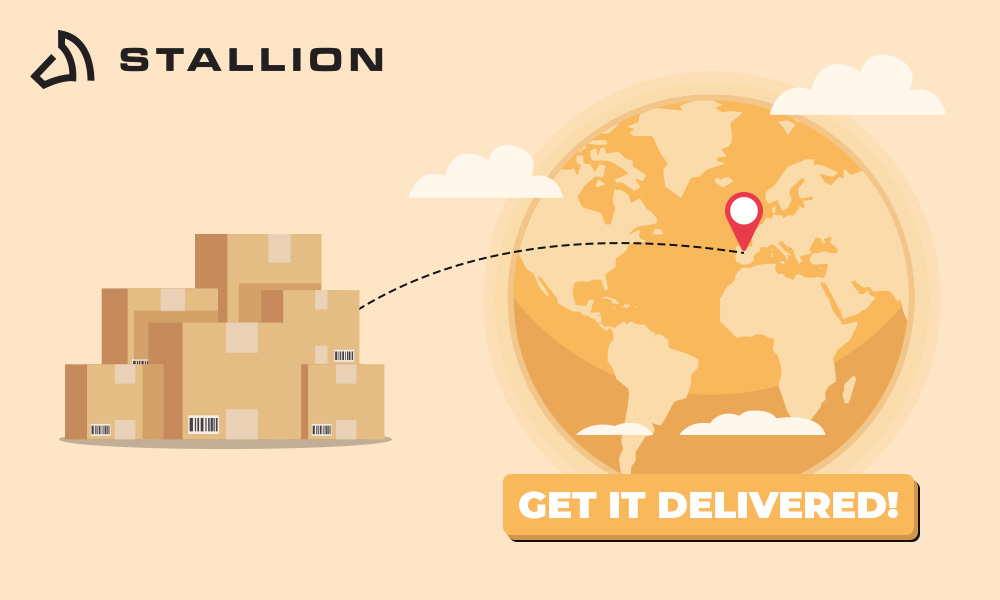 a globe with boxes and a map and the Stallion logo