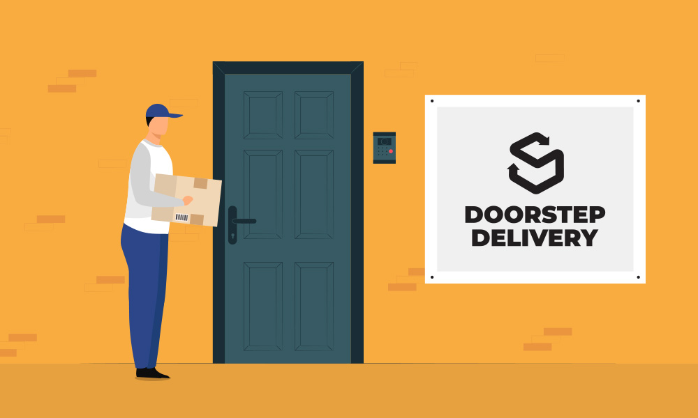 An animated delivery man delivering a package at the receiver's door