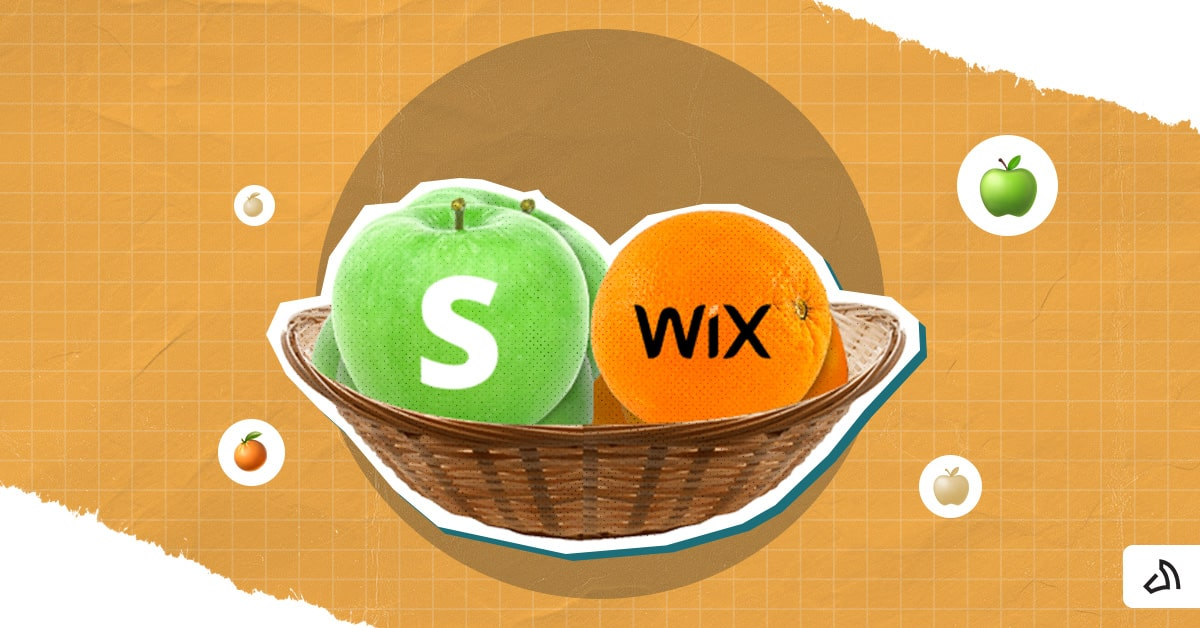 A green apple with the Shopify logo and an orange fruit with the Wix logo