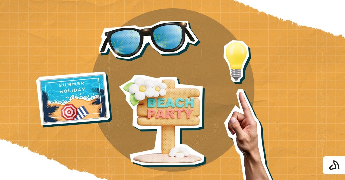 A beach party signage, with a sumer holiday, sunglasses, a pointing hand, and light bulb icons