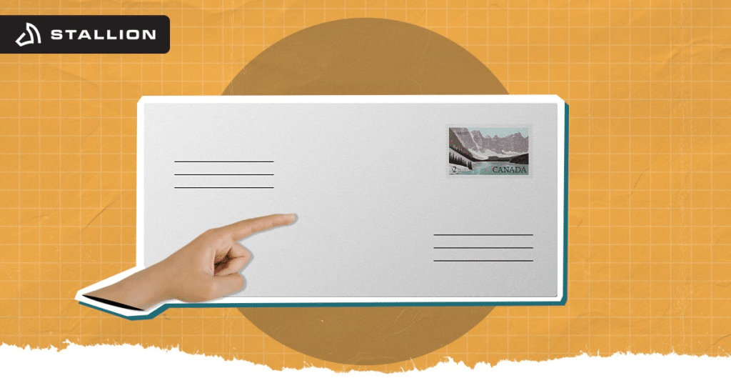 A hand pointing at the envelope with Canadian stamp