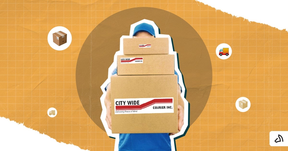 A man carrying a stack of boxes with the City Wide Courier logo