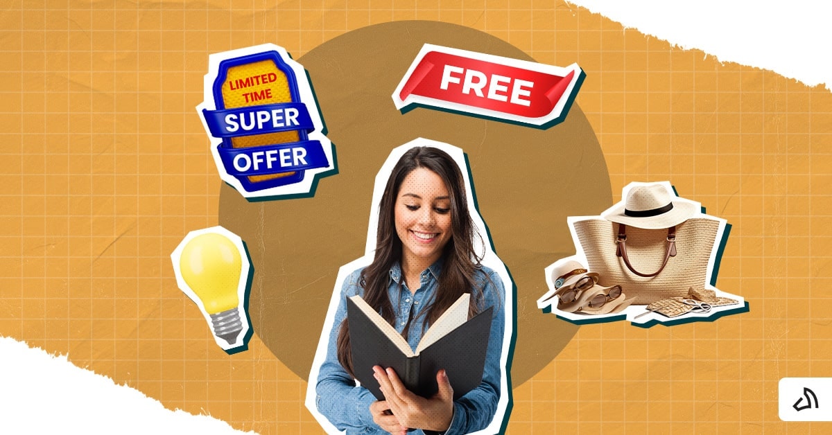 A smiling woman holding a notebook, with a bulb, super offer, and a summer bag icons