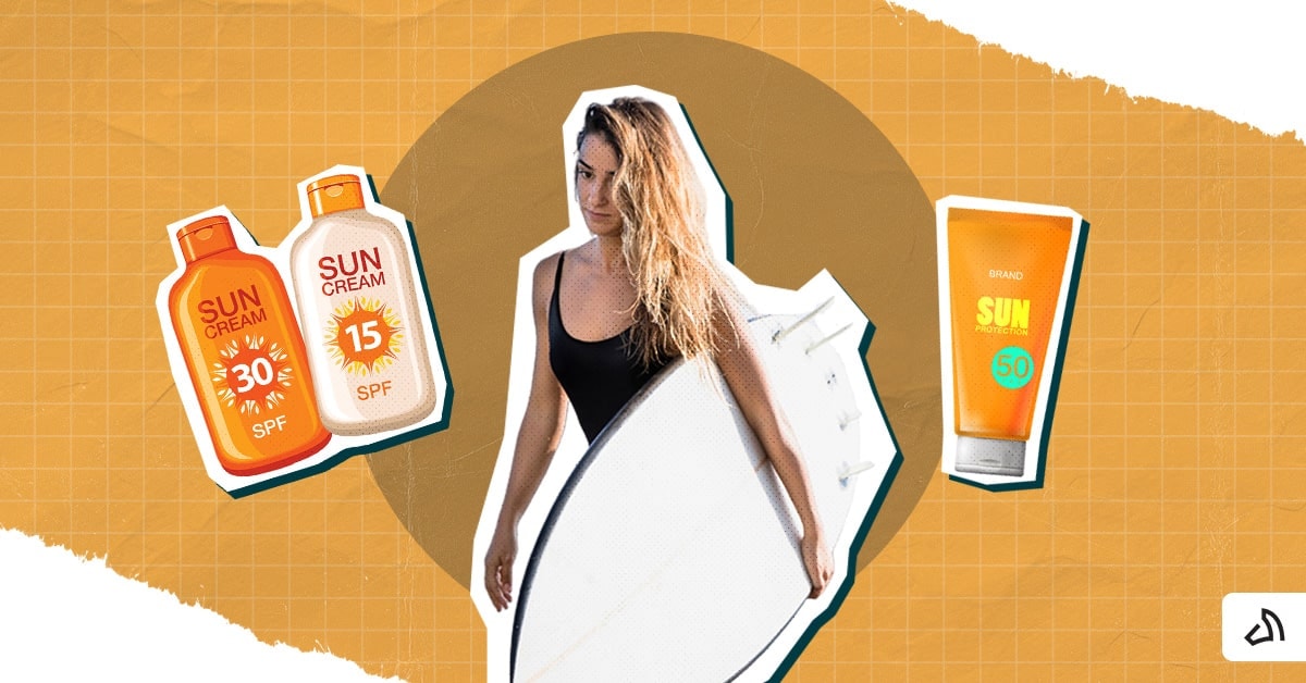 A woman carrying a surfboard, with a sun cream and a sunscreen icons