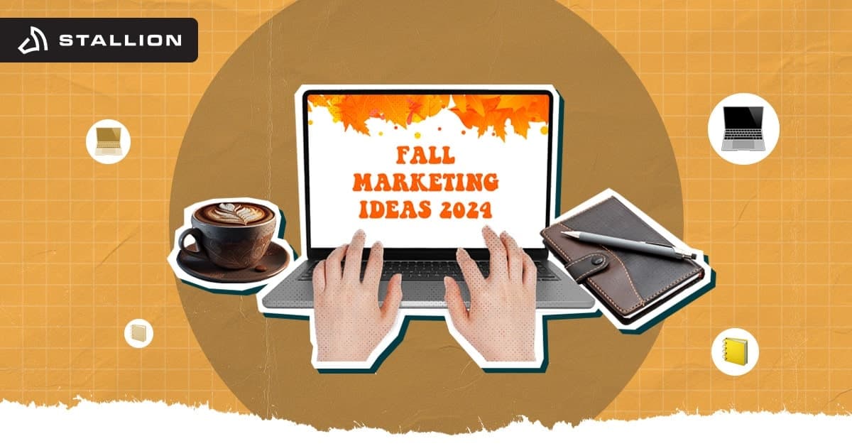 A hand typing "Fall Marketing Ideas 2024" in the laptop