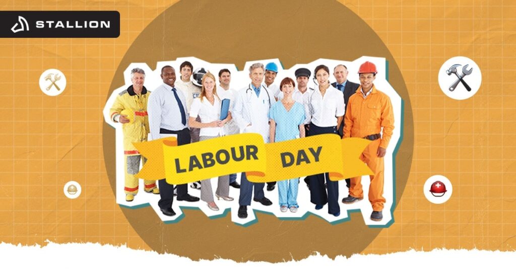 Different workers with a Labour Day banner