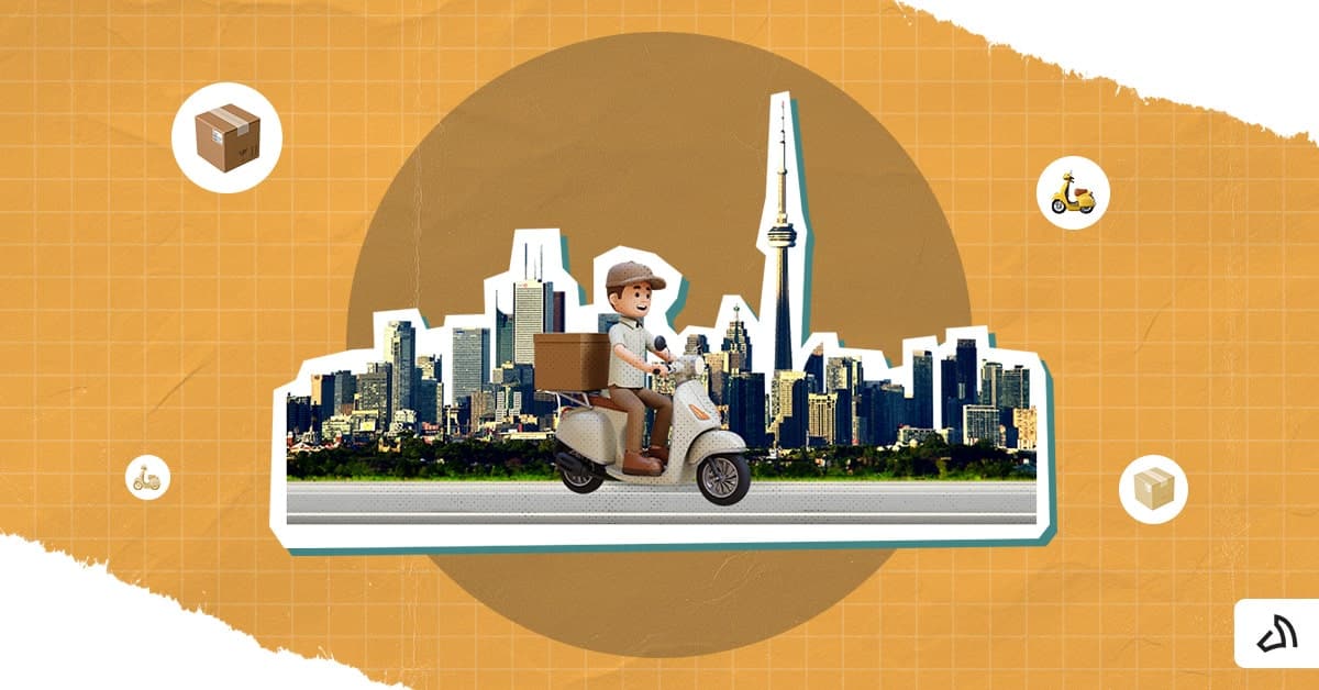 A delivery man riding a white motorcycle driving across Canada. 