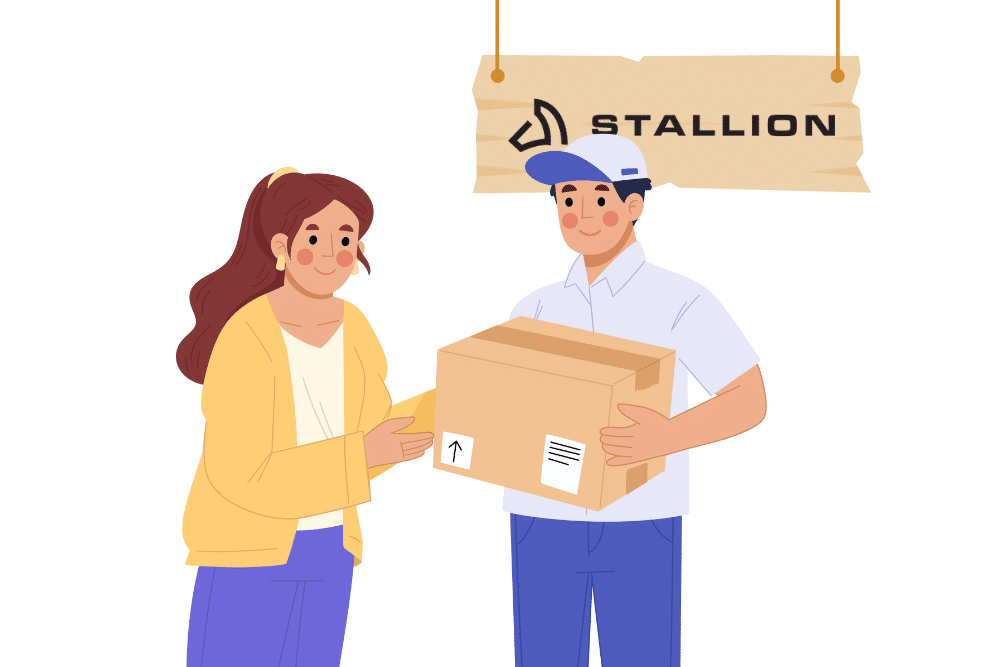 A man handling a package box to the woman with Stallion signage at the back