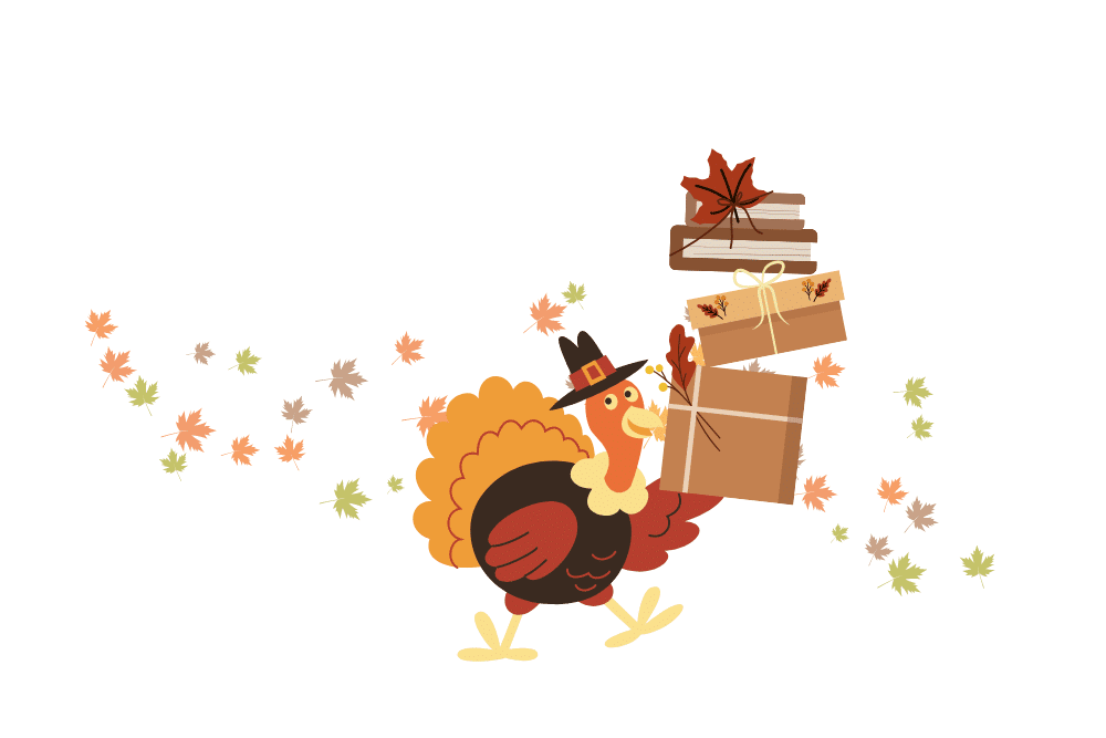 A turkey carrying a stack of packages