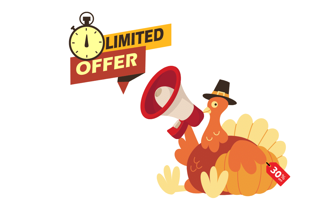 A turkey holding a mega phone with a text "Limited Offer"