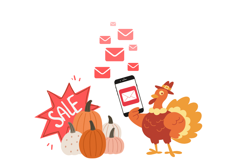 A turkey sending messaging with a pumpkin beside it