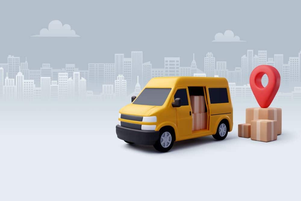 A yellow delivery vehicle and a red locator pin on top of packages