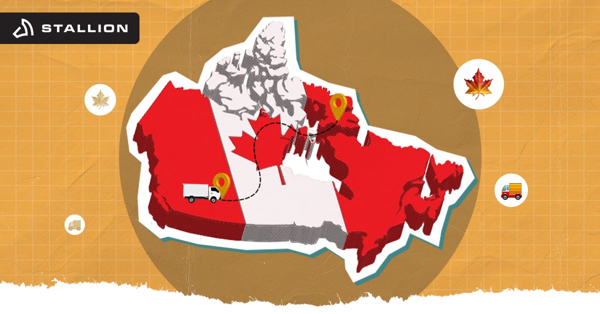 The map of Canada with a white delivery van and two orange location pins on top.