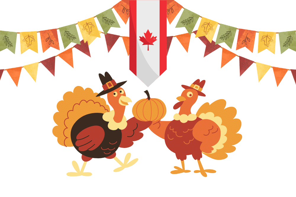 Two turkeys with the Canadian banner at the back