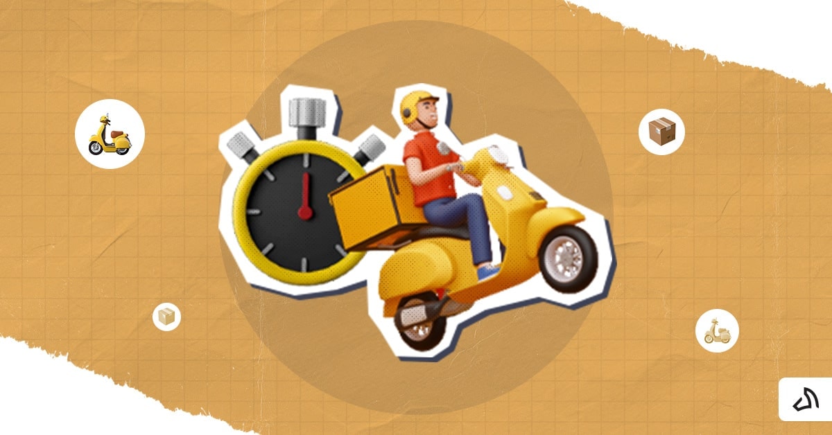 A delivery personnel riding a yellow motorcycle with a timer at the back.