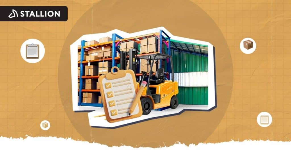 A forklift with a checklist in front and a storage racks at the back