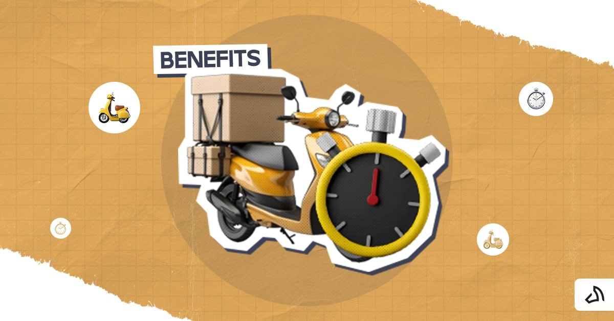 A yellow motorcycle carrying a package with the text "BENEFITS" at the back.