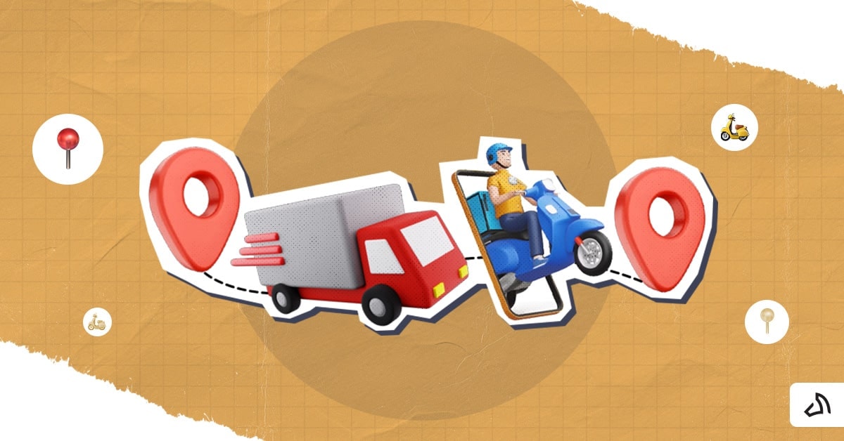 An animated icon of a delivery van and a delivery man with two destination pins at two ends