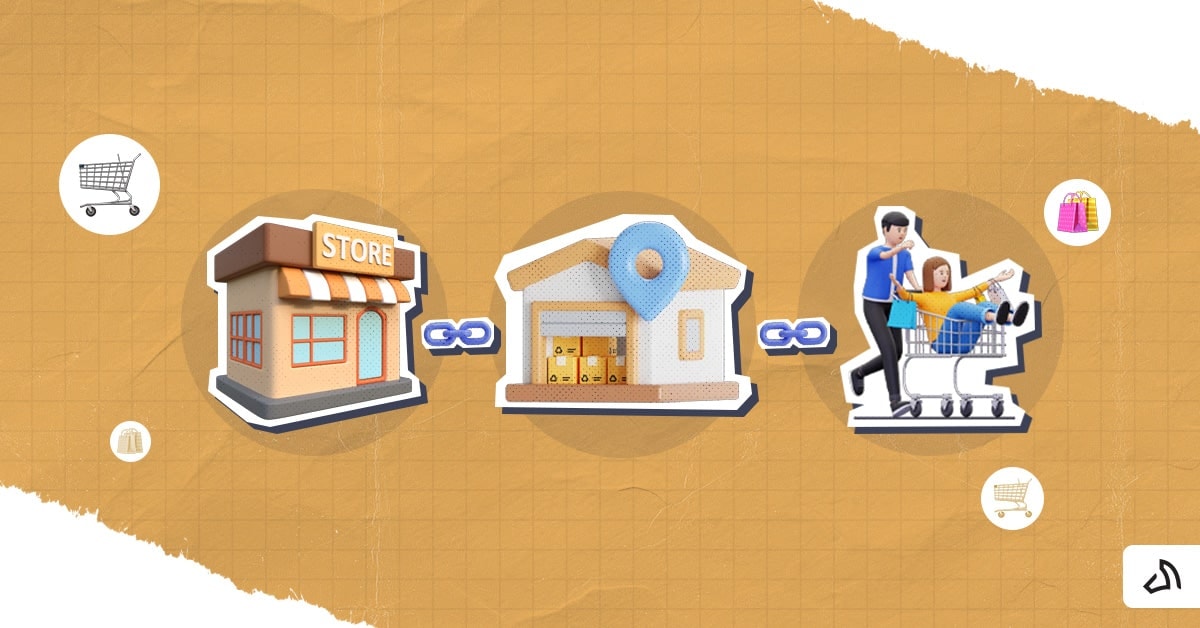 An animated icon of a store, a fulfillment center, and shoppers