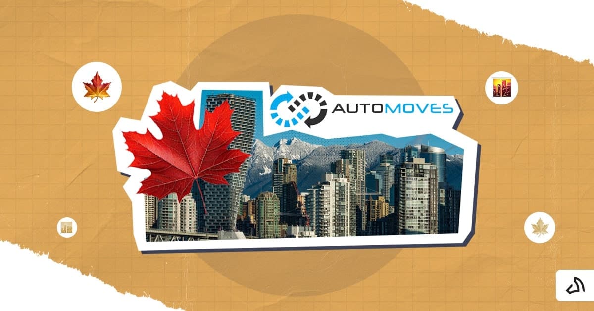 The Automoves logo on top of the skyscrapers with a maple leaf