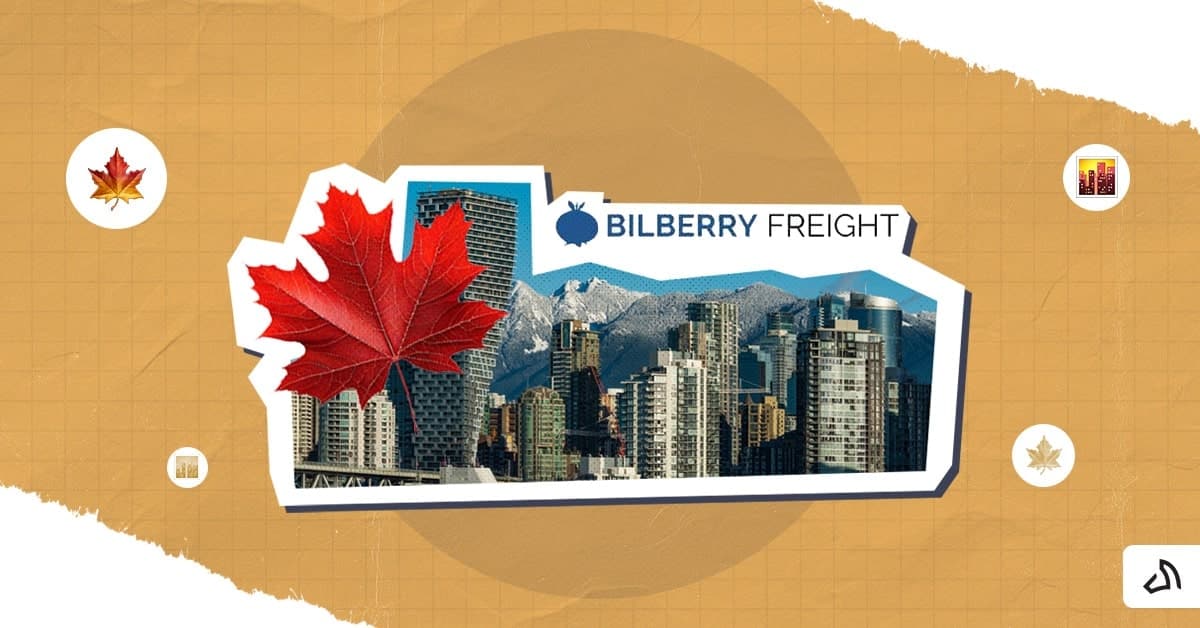 The Bilberry Freight logo on top of skyscrapers with a maple leaf