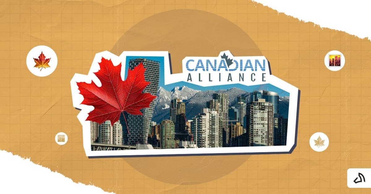 The Canadian Alliance logo on top of the skyscrapers with a maple leaf