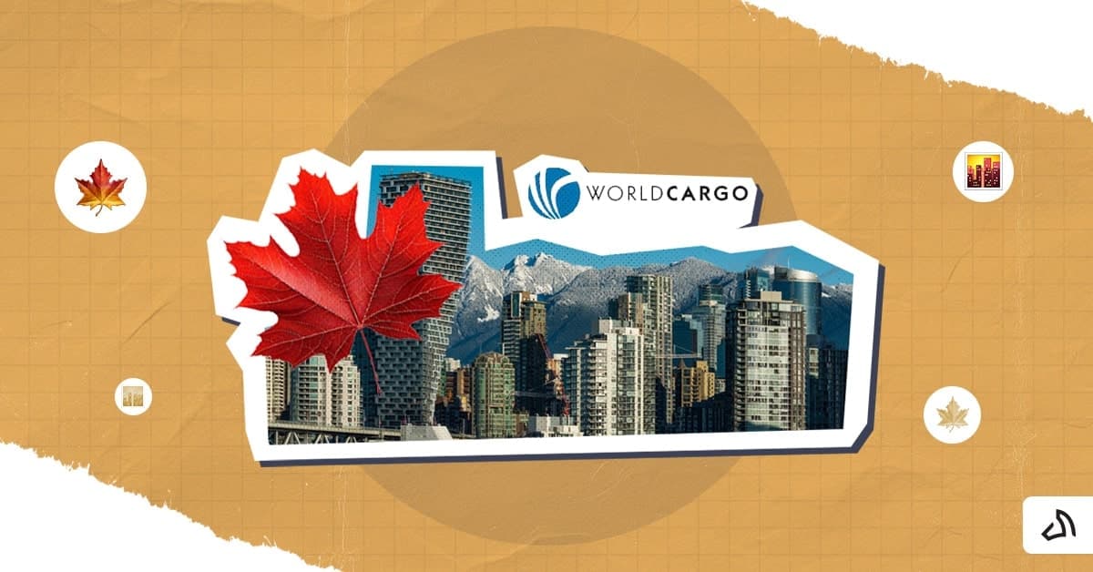 The Go World Cargo logo on top of skyscrapers with a maple leaf