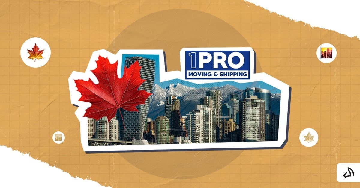 The Pro Moving and Shipping logo on top of the skyscrapers with a maple leaf