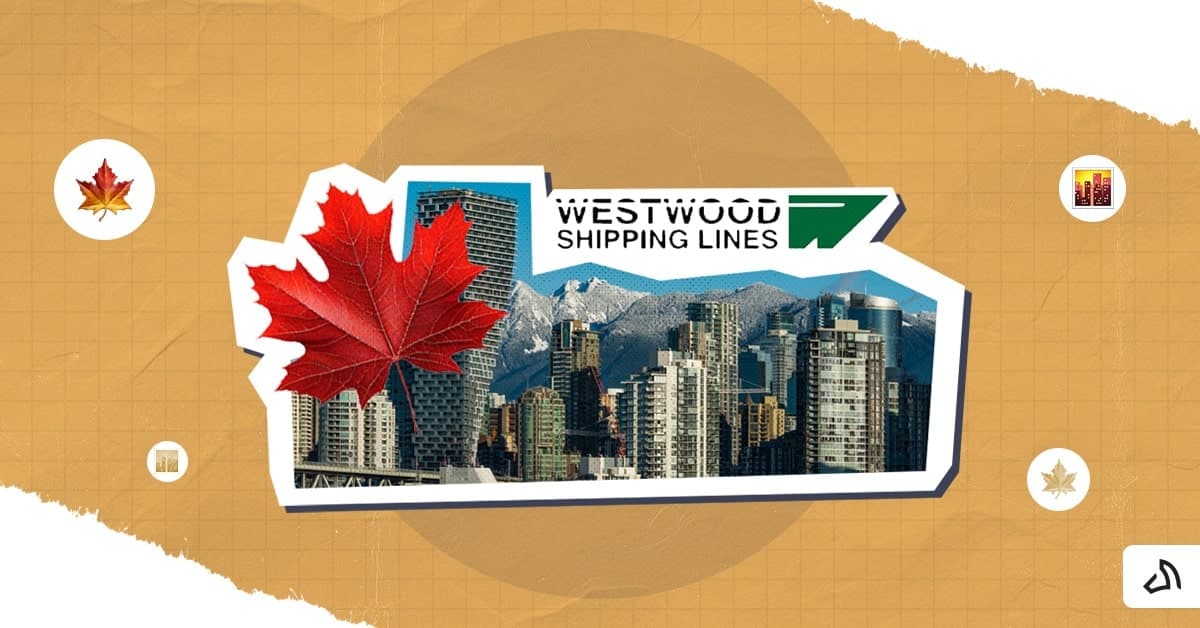 The Westwood Shipping Lines logo on top of the skyscrapers with a maple leaf