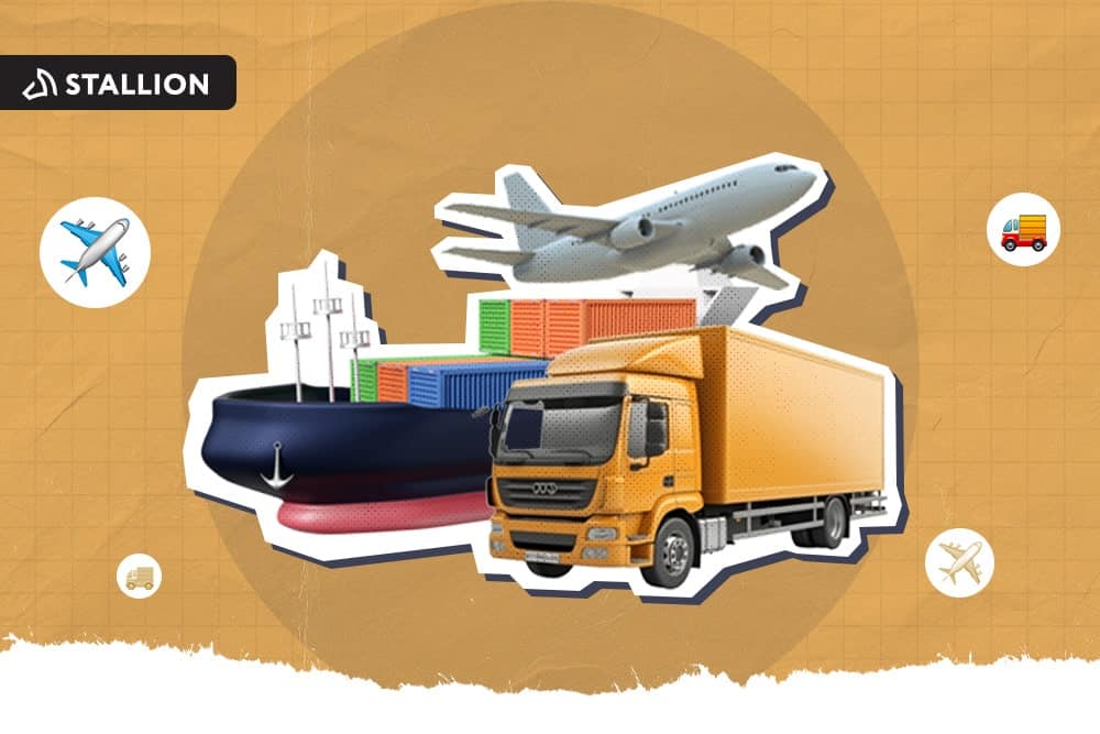 An airplane, a yellow delivery truck, and a ship full of shipping containers