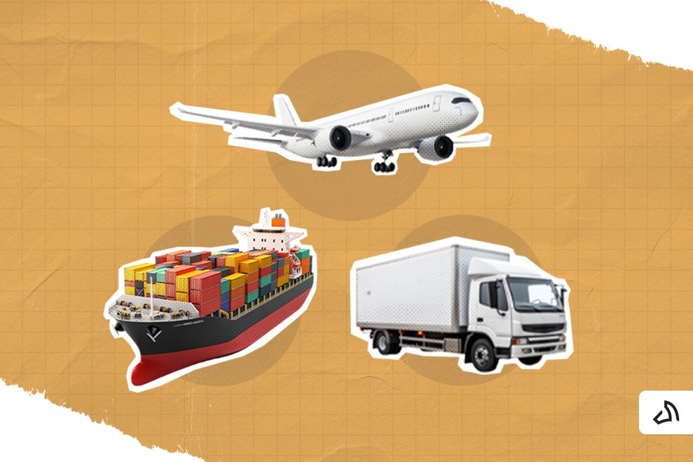 An airplane, a ship, and a truck