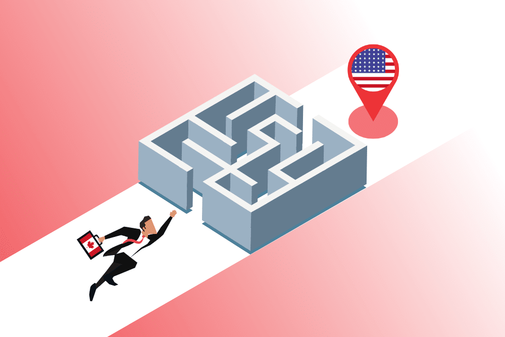 A Canadian business man entering a maze with a US location pin at the end of the maze.