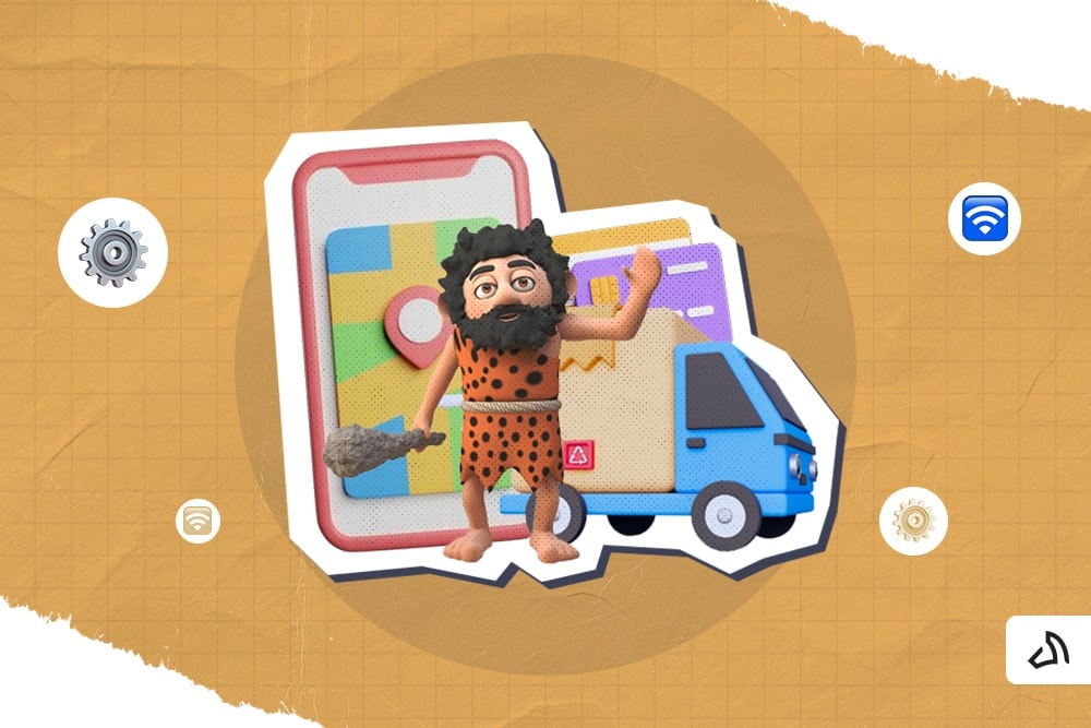 A caveman with a tracking app and a delivery van at the back