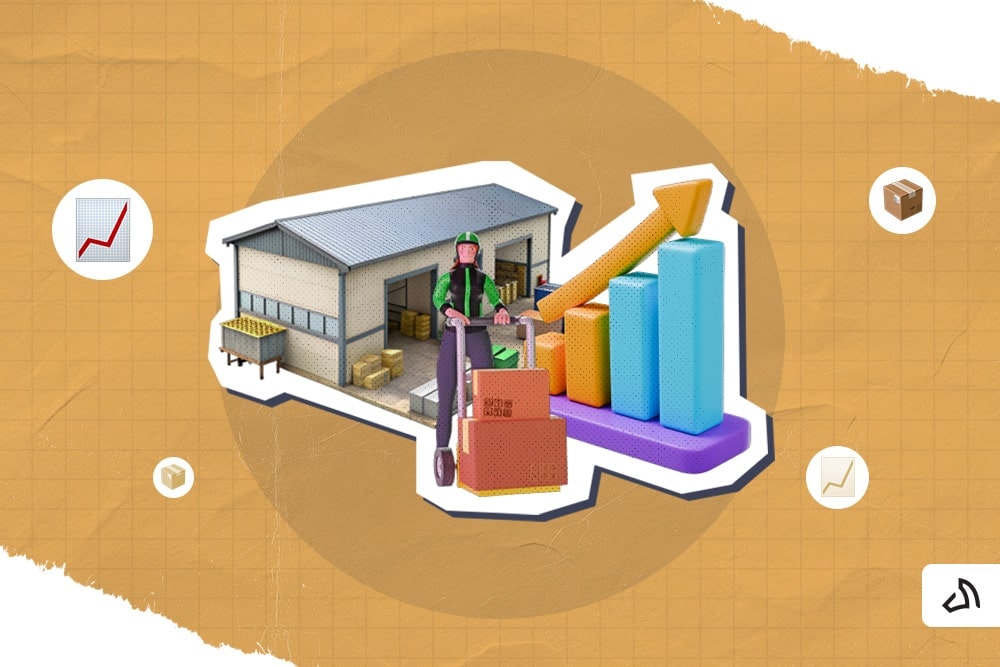 A micro-fulfillment center with an increasing graph on the side