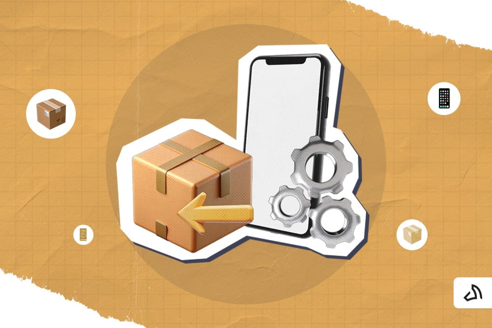 A phone, a three gear cogs, and a box