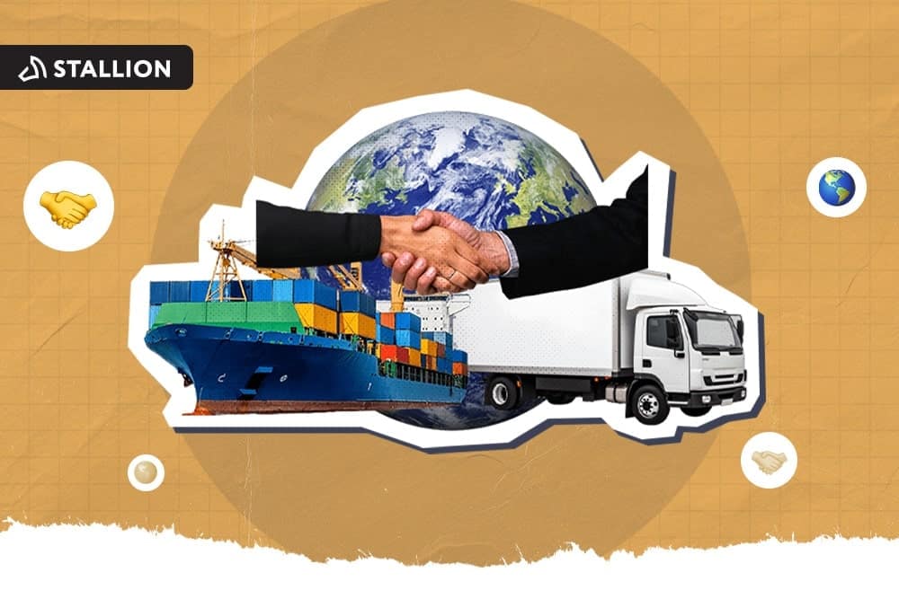 Two shaking hands with shipping transportation at the backgroun