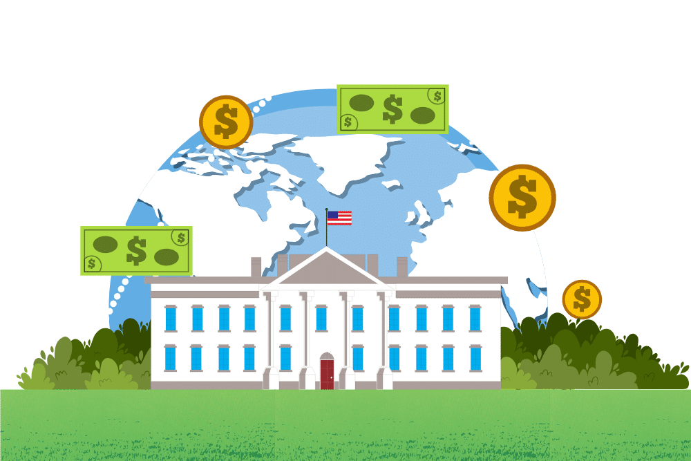 White house with US dollar bills and coins