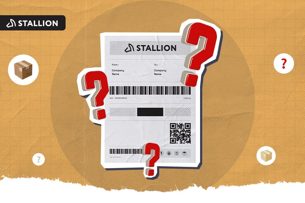 A shipping label surrounded by question marks