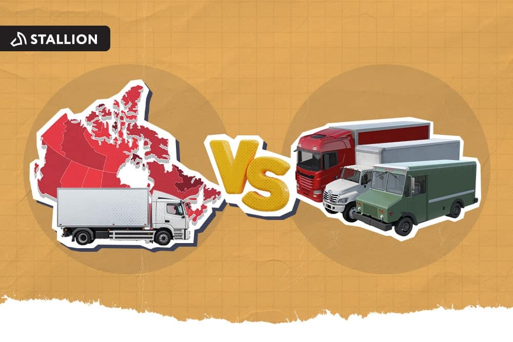 A white delivery van with a red Canadian map at the back vs three different vehicles.