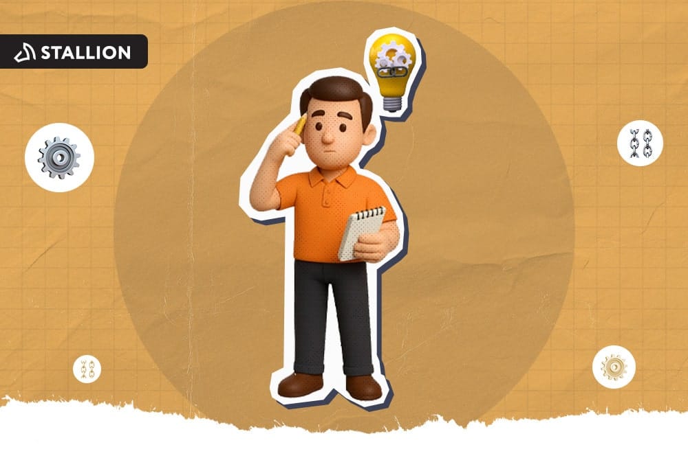 A thinking 3D-graphic man holding a pen and a notebook