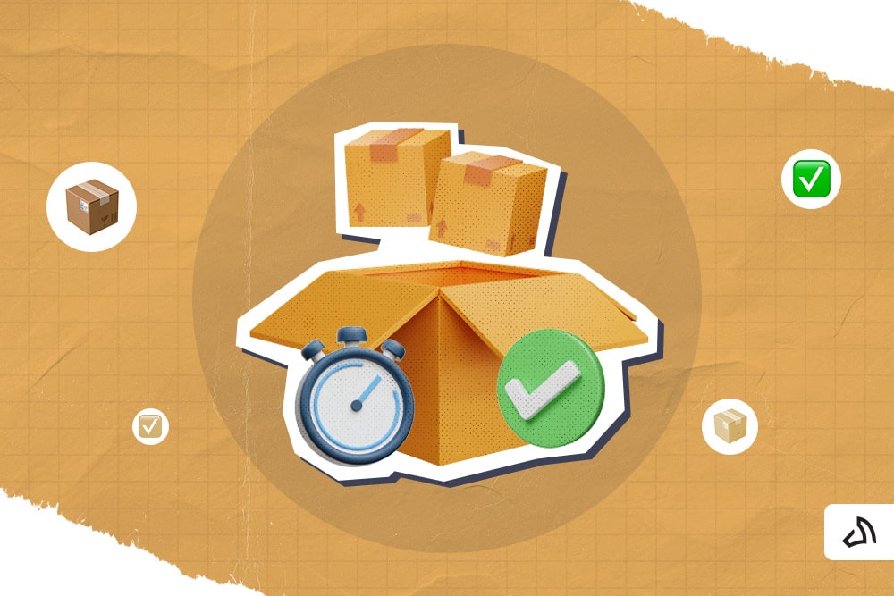 Two small boxes hovering above an open box with alarm clock and green check mark icons