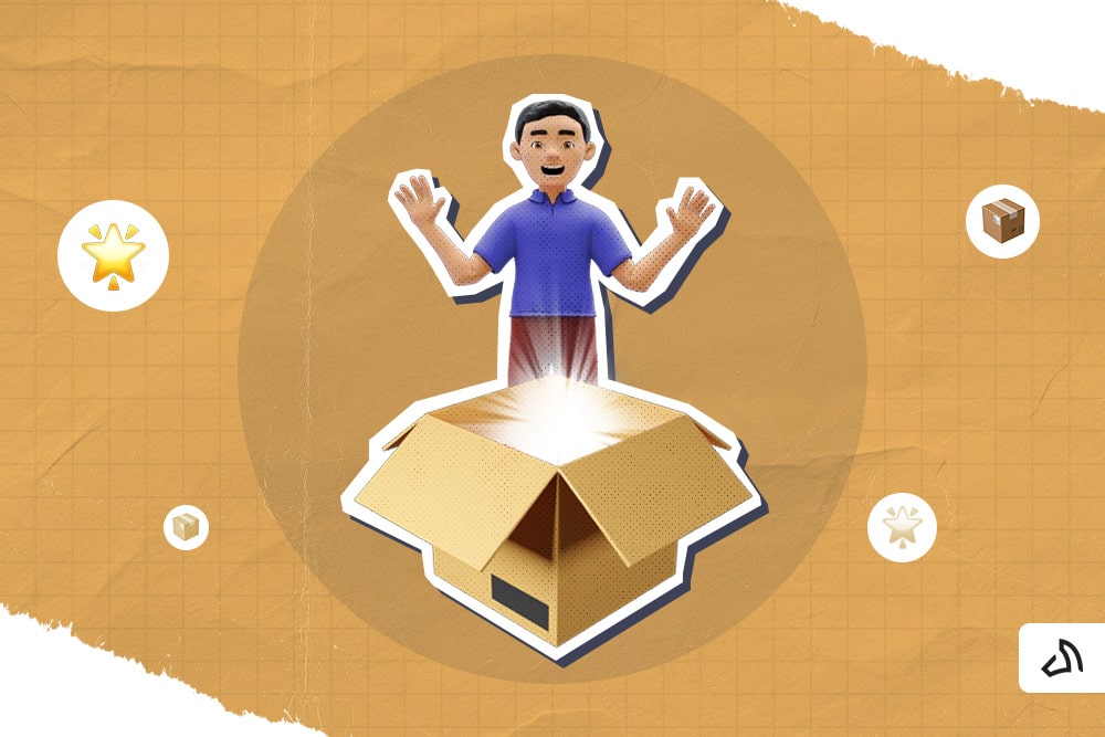 A 3D-rendered person is surprised with the glowing box