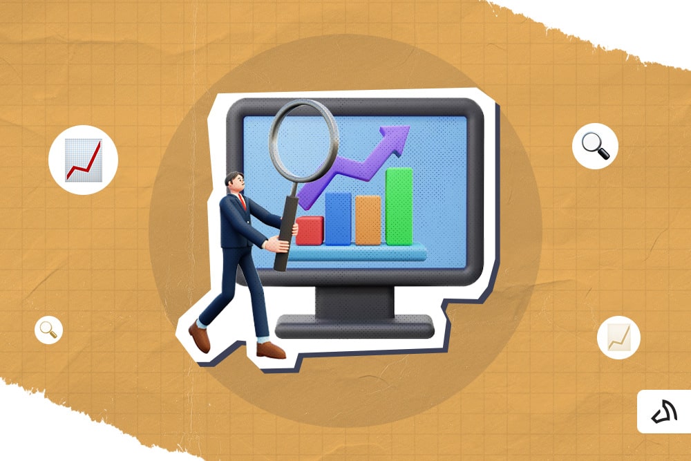 A man holding a magnifying glass looking at a graph