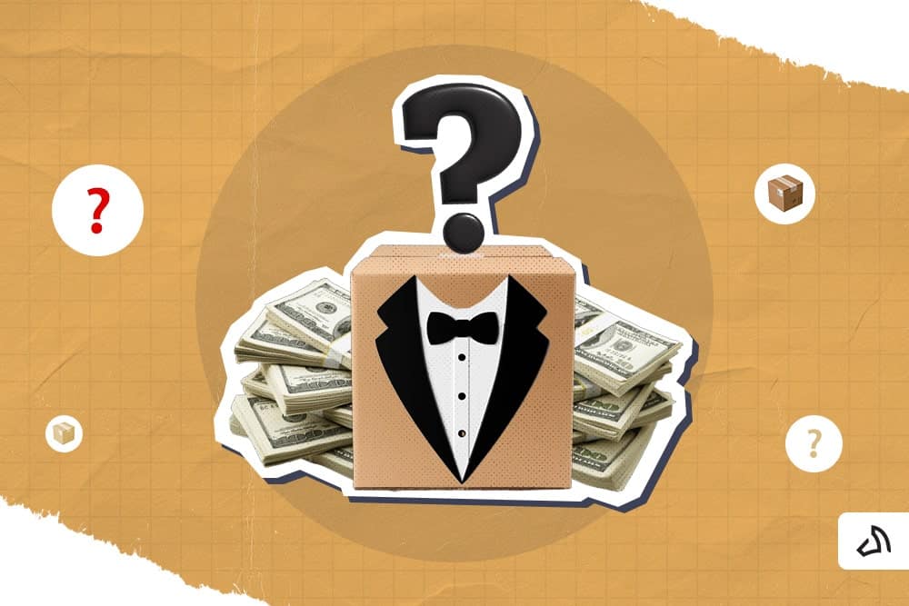 A plain, brown box wearing a suit with a black question mark on top a stack of cash at the back