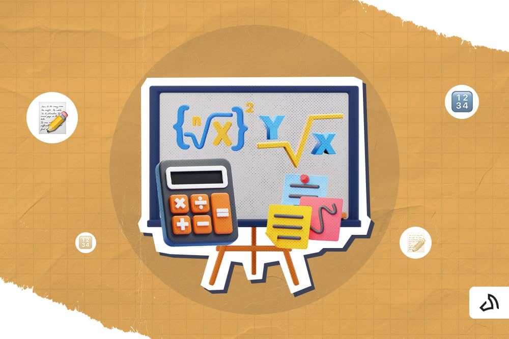 A white board with a mathematical formula, a calculator, and sticky notes